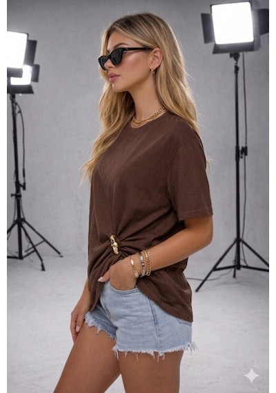 Ribana Kadın Bisiklet Yaka Kısa Kollu Gold Yan Toka Detaylı T-shirt 5035 Kahverengi