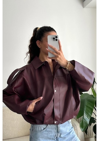 Meecy Kadın Apolet Detaylı Yeni Sezon Bomber Deri Ceket Bordo Bordo