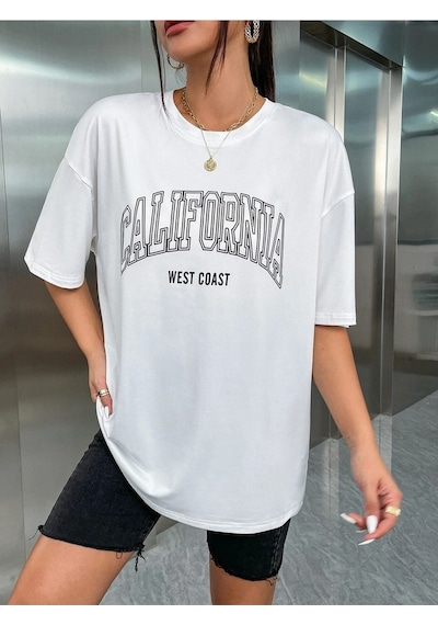 California W.c T-shirt - Beyaz Baskılı Oversize Bisiklet Yaka Kısa Kol Tişört Beyaz