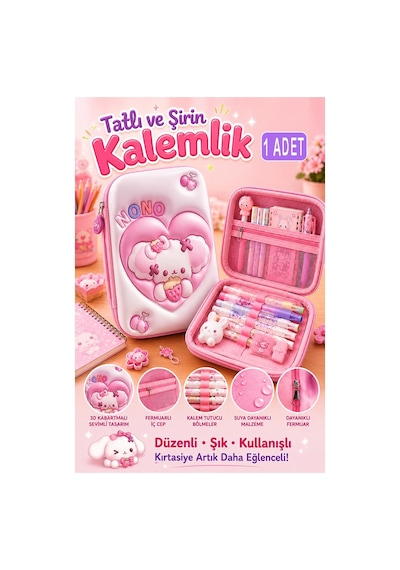Pembe Kabartmalı Bölmeli Kalemlik 1 Adet P-5984 Kız Çocuk Okul Kalem Kutusu 3 Boyutlu Fermuarlı Hediyelik Lila