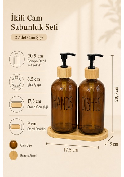 Relly Bambu Standlı İkili Cam Sabunluk Seti 2 X 500 Ml Hands & Dıshes Amber