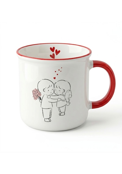 Romantik Çift Tasarımlı 370 Ml Porselen Kupa Kırmızı Kulplu Sevimli Aşk Temalı Kahve Kupası Beyaz - Kırmızı
