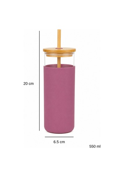 Bambu Pipetli Cam Bardak 550 Ml Silikon Kılıflı Kahve Bubble Tea Ve Su Şişesi - Pembe