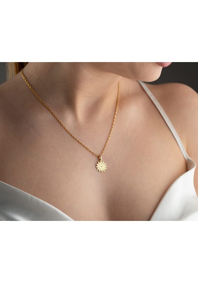 Papatya Silver 925 Ayar Gold Renk Mineli Pırlantalı Papatya Kolye Gold