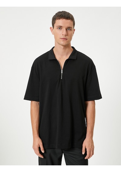 Koton Polo Yaka Tişört Oversize Yarım Fermuarlı Kısa Kollu Pamuklu Siyah 4sam10286mk Siyah