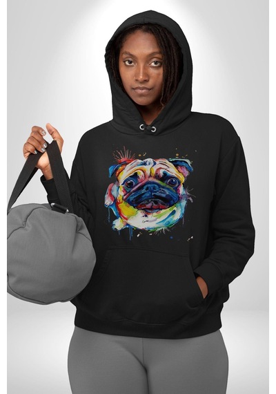 Sulu Boya Pug Köpek Kadın Erkek Siyah Kapüşonlu Sweatshirt Hoodie Siyah