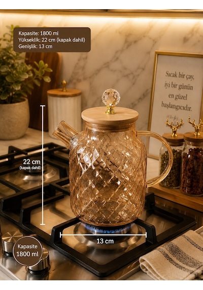 Qerhome Ateşe Dayanıklı Borosilikat Cam Demlik 1800 Ml Bambu Kapaklı Amber Cam Sürahili Çaydanlık Dh-43