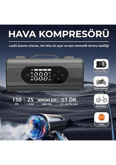 S8 6'sı 1 Arada Akü Takviye Ve Hava Kompresörü 150 Psı Araç Jump Starter, Vakum Özellikli, Po