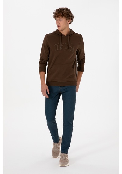 U.S. Polo Assn. Erkek Regular Fit Kapüşonlu Kahverengi Basic Sweatshirt 50315663-VR029