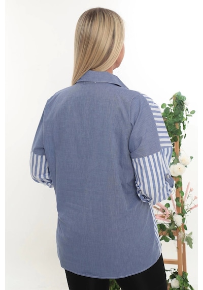 Lady Majestic %100 Cotton Rahat Kalıp Çizgili Büyük Beden Kadın Uzun Kollu Gömlek Mavi