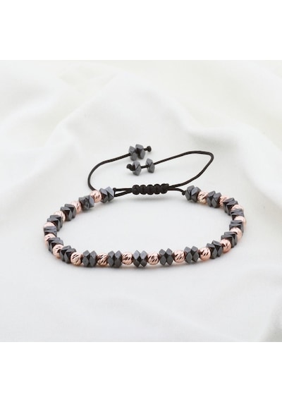 Hematit Taşlı Dörtgen Rose Gold Kaplama Gümüş Makrome Erkek Bilekliği Gümüş