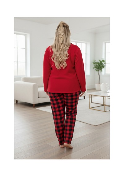 Siyah İnci Geyik Nakışlı Ekoseli Büyük Beden Polar Kışlık Örme Pijama Takım Kırmızı