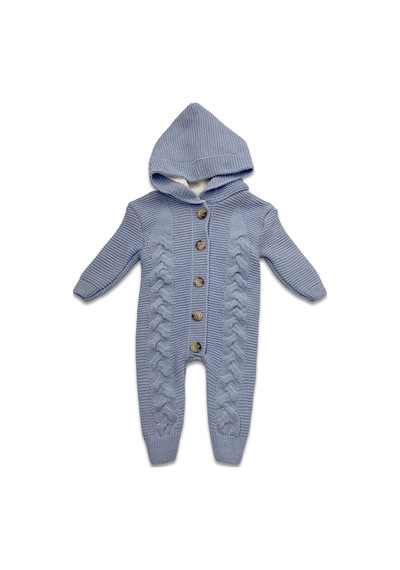 Babysena Kapüşonlu Mavi Örgü Erkek Bebek Tulum Mavi