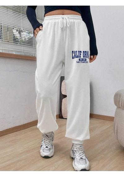 Letter Graphic Drawstring Waist Slant Pocket 4 Mevsim Eşofman Beyaz