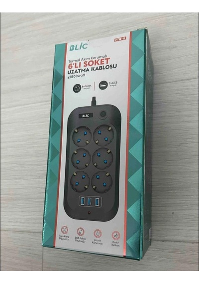 Blic Ftr-11 Termal Akım Korumalı 6 Priz 3 Usb Girişli 2 Metre Uzatma Kablolu Priz 0.2 M