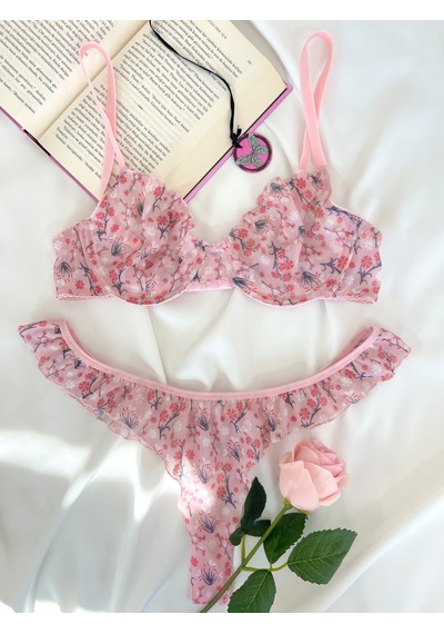 Arinda Ül Çiçek Desenli Balenli Kapsız Fırfırlı Bralette Sütyen Tanga İç Çamaşırı Takımı Alt Üst 2 Parça Pembe