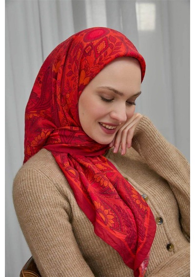 Silk Home Viskon Velora Eşarp Kırmızı Nar Çiçeği Desenli Tok Duruşlu Dört Mevsim 90x90 Çok Renkli