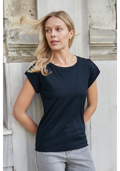 Jument Kadın Kaliteli Likrasız Span Kumaş Geniş Sıfır Yaka Duble Kollu Apoletli Düğmeli T-shirt Bluz-koyu Lacivert K.lacivert