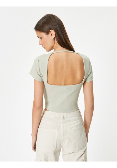 Koton Sırt Dekolteli Tişört Crop Kısa Kollu Fitilli Slim Fit Haki 4sal10804ık Haki