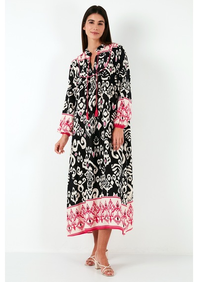 Lela Modest Desenli Regular Fit Bağlamalı V Yaka Maxi Bayan Elbise 611El510 Siyah