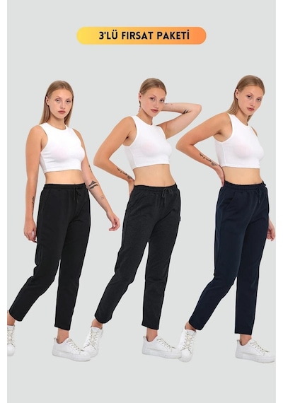 Kadın Siyah-lacivert-antrasit Regular Fit Düz Paça Beli Lastikli Bağcıklı 3'lü Eşofman Altı 001