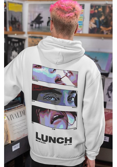 Sevbano Billie Eilish Lunch Şarkıcı Sırt Baskılı Unisex Oversize Penye Ho beyaz
