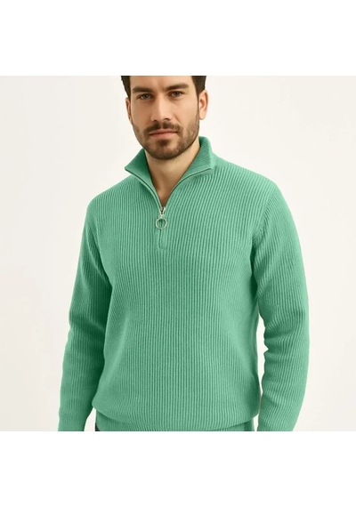 Erkek Fitilli Triko Kazak 2 Li Set Mint Yeşili - Siyah, Kalın Dokuma Pamuklu Regular Fit V Yaka Fe