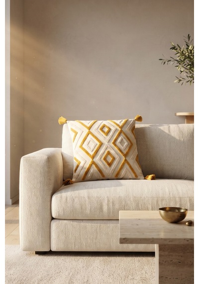 Bohem Etnik Geometrik Desenli Kabartmalı Punch Nakışlı Püsküllü Kırlent Kılıfı 42x42 Cm Sarı