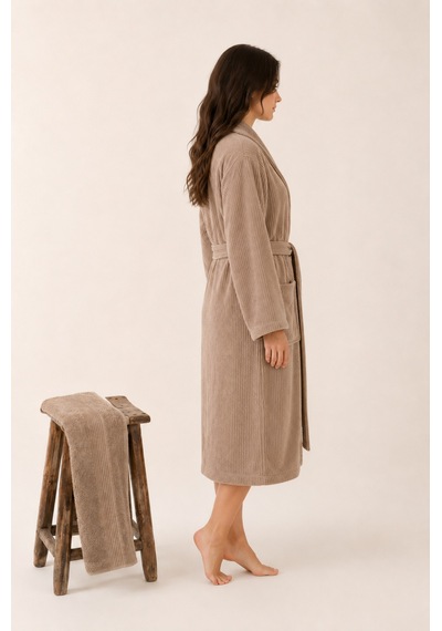 Çizgili Kadın Bornoz Seti %100 Pamuk Sertifikalı 2 Parça, Şalyaka Bornoz + Baş Havlusu - Bej