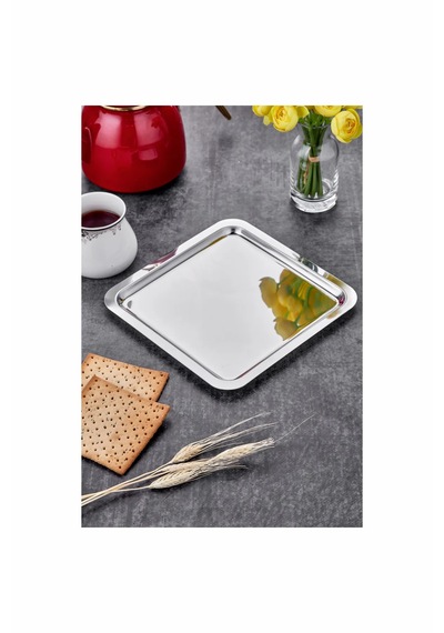 2 Adet Lüx Kare Paslanmaz Çelik Gümüş Renk 21x21cm Kahve Servis Sunum Tepsisi & Tabağı Gri - Gümüş