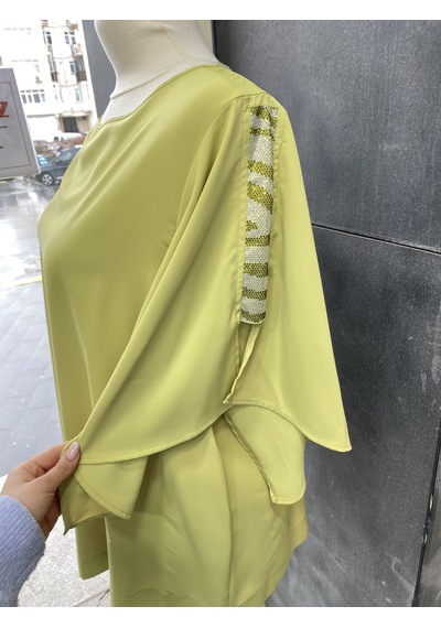 Pera Moda Yanları Boncuklu Zarif Kollu Uzun Oversize Büyük Beden Kadın Gömlek Fıstık Yeşili Pera Moda Yanları Boncuklu Zarif Kollu Uzun Oversize Büyük Beden Kadın Gömlek Fıstık Yeşili