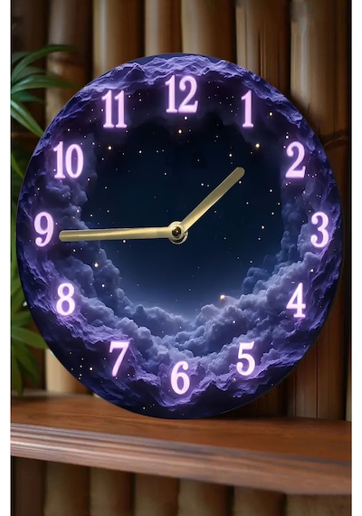 Gece Manzaralı Bulut Desenli 3d Görünümlü Mdf Duvar Saati 33 Cm Sdw305 Renkli