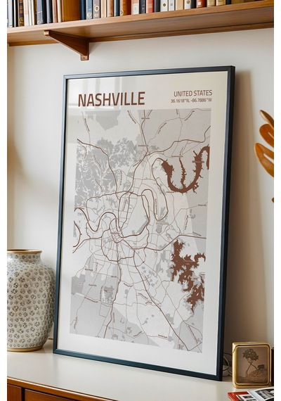 Nashville Abd Haritası Çerçeveli Tablo Lüks Salon Ofis Duvar Dekorasyonu Hediyelik Tablo Siyah