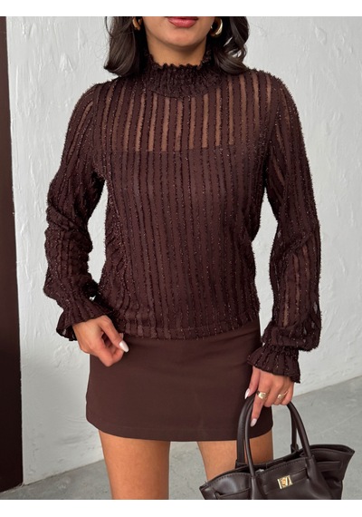 Verymoda Simli Sakallı Bluz F1852 Kahve