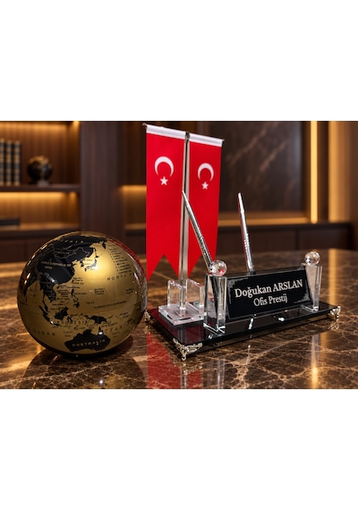 Velora Prestıge Gold 3 Parça Dünya Küreli Kişiye Özel Çift Kalemli Kristal Masa İsimliği Seti Siyah