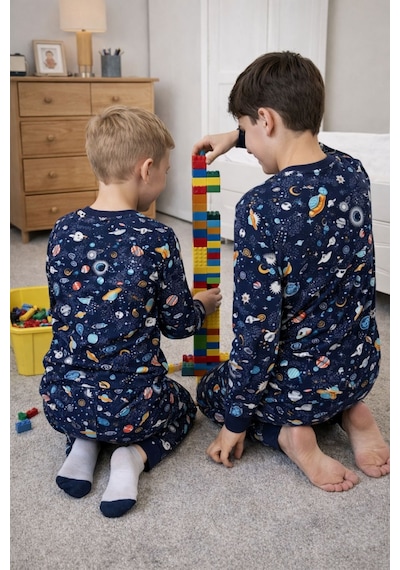 Zuzunga Astronot Temalı Pamuk Unisex Çocuk Pijama Takımı Lacivert2