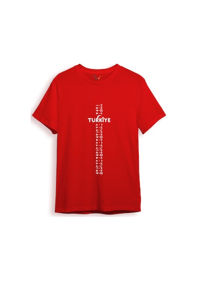 Bozkurt Göktürk Alfabesi Türkiye Sembolleri Yazısı Ve Ay Yıldız Ve Hilal Baskılı Regular Fit T-shirt Kırmızı