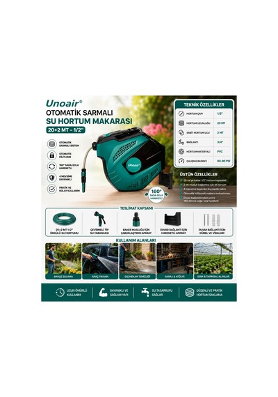 Unoair 1/2 Inc Otomatik Makaralı Su Hortumu 20+2 Metre 80-90 Psı