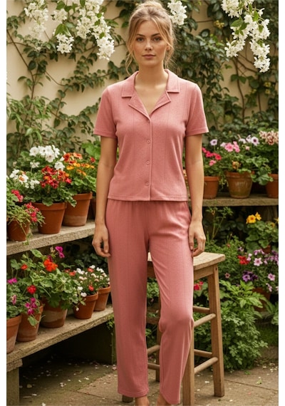 Siyah İnci Pointel Ajurlu/delikli Kısa Kollu Düğmeli Örme Pijama Takım26120536 Pudra