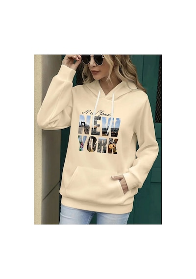 Medinenur Newyork Baskılı Cepli Kapüşonlu Sweatshirt Bej