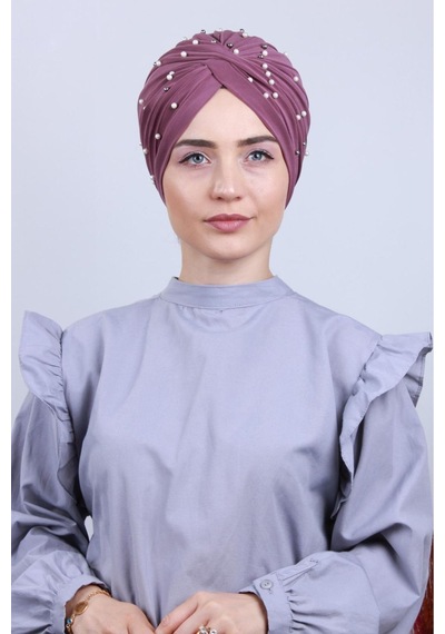 Melodi Scarf Kadın Tesettür İncili Taşlı Vera Dış Bone Lila Lila