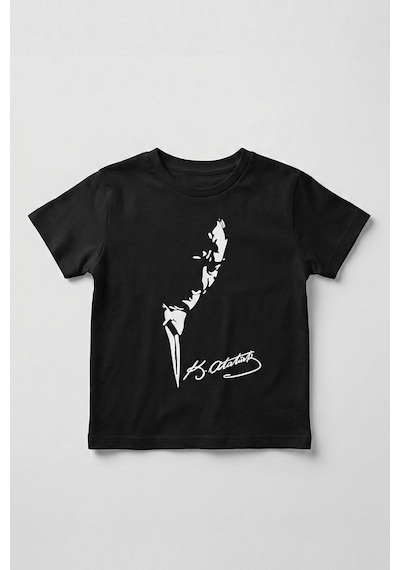 Luess Unisex Çocuk Kabartma Baskı %100 Pamuk Atatürk Tişört 3-4 Yaş 8-9 Yaş Siyah