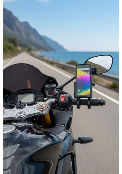 Evrensel Motosiklet Telefon Tutucu Kaymaz, Kilitlenebilir Güvenli Tutuşlu, 360 Ayarlanabilir Gidon Bağlantılı 1