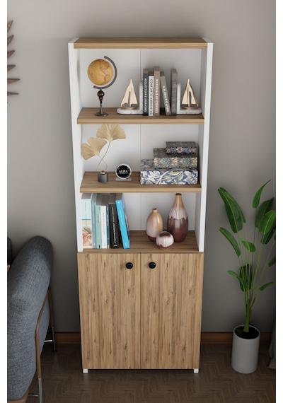 Kapaklı Çok Amaçlı Salon Dolabı 150x50x22 Cm Raflı Kitaplık Dekoratif Depolama Ünitesi Atlantik Çam - Beyaz