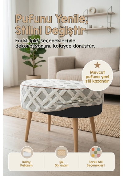 Yıkanabilir Puf Tabure Kılıfı Tak-Çıkar-Değiştir-Yenile Orta Sehpa Kılıfı 59x37x17 Mila Gri