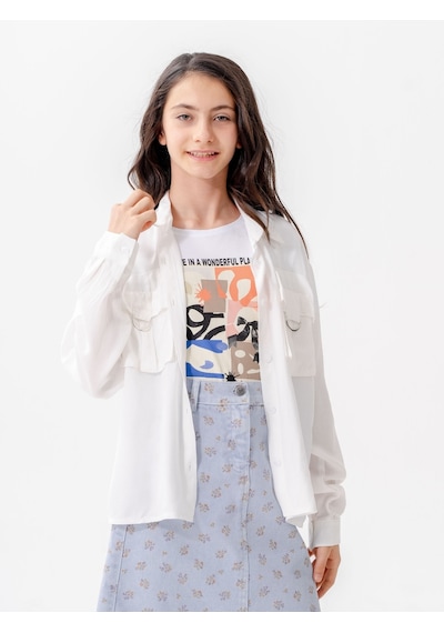 Giyicem Kız Çocuk D Tokalı Ceket T-shirt İkili Takım 1806 Beyaz