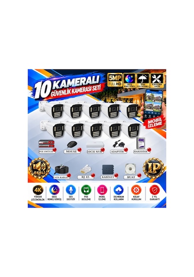10 Kameralı 4k Sesli İp Güvenlik Kamerası Seti 5mp Gece Renkli Görüş 21 Warm Led Poe 421wsp