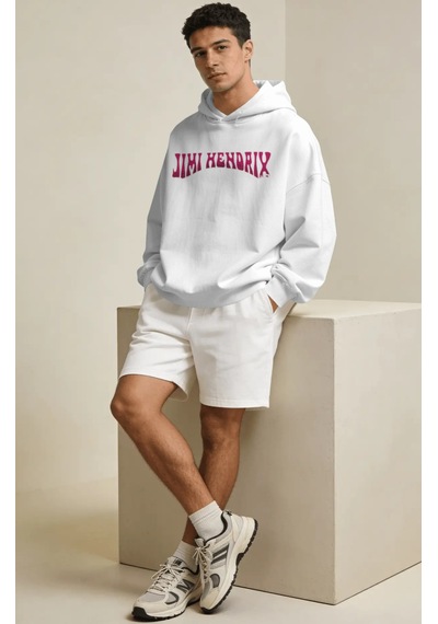 Sevbano Jimi Hendrix Efsane Şarkıcı Sırt Baskılı Unisex Oversize Penye Ho beyaz