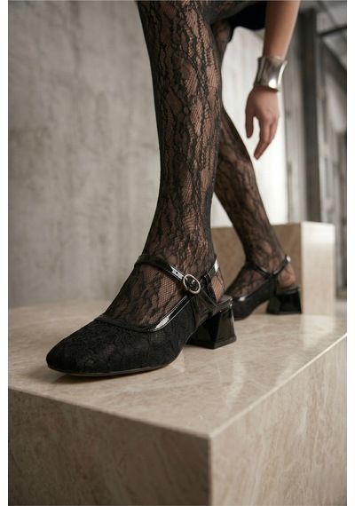 Moda Devrin Siyah Kadın Dantel Detaylı Slingback Kısa Topuklu Mary Jane Ayakkabı