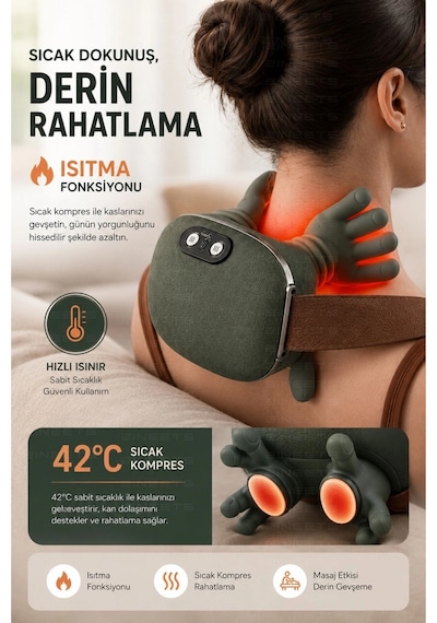 Yeşil Isıtmalı El Hissi Boyun Omuz Ve Sırt Masaj Yastığı Şarjlı Yoğurma Etkili Model